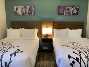 two beds in a hotel room with paintings on the wall at Sleep Inn & Suites in California