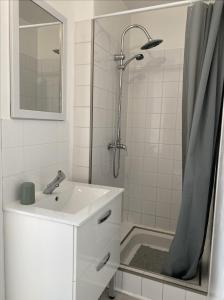 ein weißes Bad mit einem Waschbecken und einer Dusche in der Unterkunft Le Petit Cesar in Hautvillers