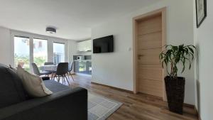 ein Wohnzimmer mit einem Sofa und einem Tisch mit einer Pflanze in der Unterkunft Apartma Julija in Luče