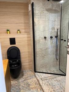 a bathroom with a shower and a black toilet at lasuita-exclusive suites ceserea-luxury suite in Caesarea