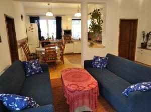 a living room with two blue couches and a table at Balatoni Mandala Vendégház in Balatonszemes