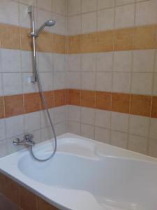 a bath tub with a shower head in a bathroom at Balatoni Mandala Vendégház in Balatonszemes +22 photos