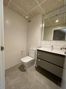 bagno con servizi igienici, lavandino e specchio di Casa Bayer a Benicàssim