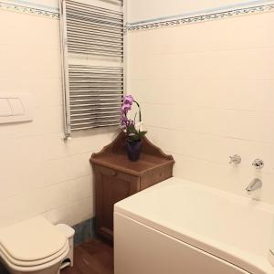 a bathroom with a toilet and a flower on a cabinet at Il nido incantato in Andalo +4 photos