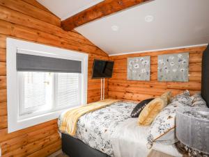 a bedroom with wooden walls and a bed and a television at Ty Coed - 63 in Trawsfynydd