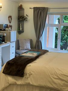 - une chambre avec un grand lit et une fenêtre dans l'établissement Luxury 3 bedded room with sea peeps and parking, à Paignton