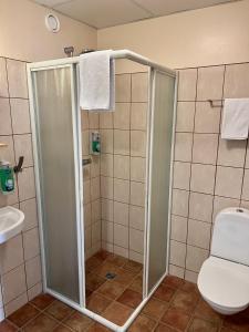 a bathroom with a shower with a toilet and a sink at Hotel Natur Akureyri in Akureyri