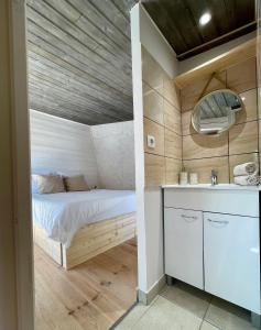 um pequeno quarto com uma cama e um lavatório em Little California - Adorable Studio Indépendant em Cagnes-sur-Mer