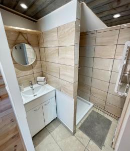 uma pequena casa de banho com um lavatório e um espelho em Little California - Adorable Studio Indépendant em Cagnes-sur-Mer