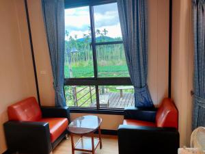 大同的住宿－茶鄉園民宿，客厅配有两把椅子和大窗户