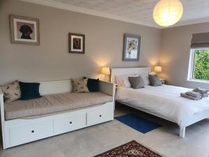 1 Schlafzimmer mit 2 Betten und einem Sofa in der Unterkunft Five Ferns House in Westport