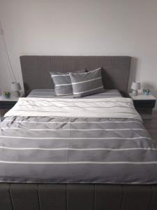 uma cama grande com duas almofadas em cima em Gigi Apartment em Cluj-Napoca