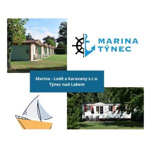un collage de photos d'une maison et d'un yacht dans l'établissement Marina Týnec n. L. - Kemp, à Týnec nad Labem