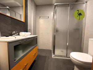 代米耶尔Apartamentos Los Flamencos的带淋浴、盥洗盆和卫生间的浴室