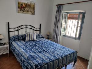 ベヘール・デ・ラ・フロンテーラにあるVivienda Turistica de Alojamiento Rural Casa Arenalejosのベッドルーム1室(青い掛け布団、窓付)