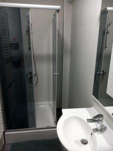 W łazience znajduje się prysznic, umywalka i toaleta. w obiekcie Apartmani Dubrava 1 w Zagrzebiu