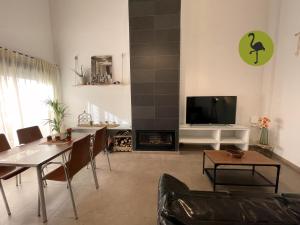 代米耶尔Apartamentos Los Flamencos的客厅设有壁炉和电视。