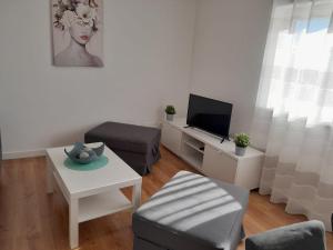uma sala de estar com um sofá, uma televisão e uma mesa em Appartement 3 chambres sur la presqu'île de Peniche Portugal em Peniche