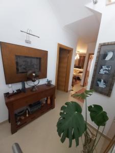 uma sala de estar com uma televisão de ecrã plano e uma planta em Casa Sal Sol Sul - casa de férias perto da praia da Manta Rota em Vila Nova de Cacela