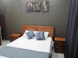 a bedroom with a bed with three paintings on the wall at VH Newave holiday in Flic-en-Flac +11 photos