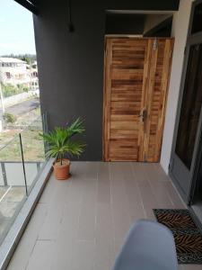 a door to a balcony with a potted plant at VH Newave holiday in Flic-en-Flac