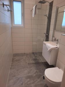 ein Bad mit einem WC und einem Waschbecken in der Unterkunft Ferienwohnungen Winzergasse in Purbach am Neusiedlersee