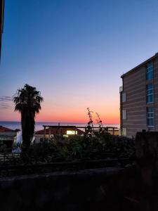 a sunset with a palm tree and a building at Apartments Rales in Sveti Stefan