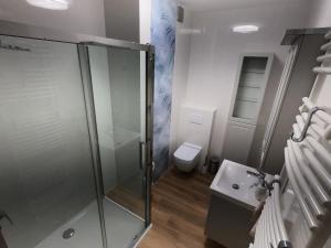 a bathroom with a glass shower and a toilet at Villa MISTRAL przy plaży in Sława