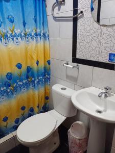 La salle de bains est pourvue de toilettes, d'un lavabo et d'un rideau de douche. dans l'établissement Hostal Bryana Inn Baños, à Baños