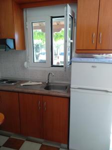 La cuisine est équipée d'un réfrigérateur blanc et d'un évier. dans l'établissement Villa Tonia Apartments, à Sarti