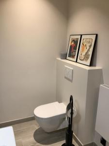 a bathroom with a toilet and two pictures on the wall at Via Caput in Lokeren +20 photos