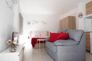 a living room with a gray couch and red pillows at APARTAMENTOS TURÍSTICOS SAN MIGUEL ARCÁNGEL, S.L. in San Roque