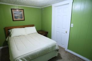 a bedroom with a bed in a green room at 3-Bedroom apt. ideal location near new river gorge in Fayetteville