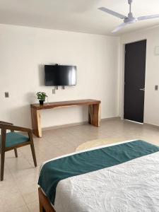 1 dormitorio con 1 cama y TV en la pared en AZUL ARENA Hotel Boutique en Mazatlán