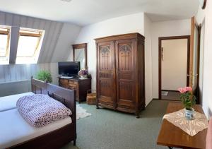 1 dormitorio con 1 cama, armario y TV en Penzion Country Club en Žamberk