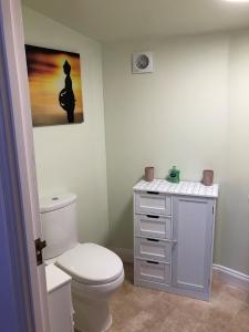 a bathroom with a toilet and a painting on the wall at The Yurts at Burnt House Farm in Newport