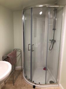 W łazience znajduje się szklana kabina prysznicowa i umywalka. w obiekcie The Yurts at Burnt House Farm w mieście Newport