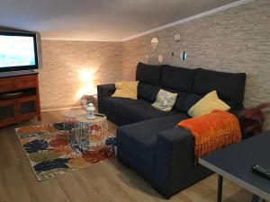 ein Wohnzimmer mit einem Sofa und einem Flachbild-TV in der Unterkunft apartamento con amplia terraza cerca del hospital clínico in Santiago de Compostela