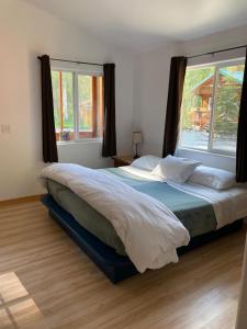 1 dormitorio con 1 cama grande y ventana grande en Talkeetna Wilderness Lodge & Cabin Rentals, en Sunshine