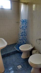 ein Badezimmer mit Toilette, Waschbecken und Dusche in der Unterkunft Cabañas del Sol in Potrerillos