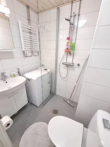 uma casa de banho com um chuveiro, um WC e um lavatório. em Stylish 2Room apartment in beautiful place, Free parking em Oulu