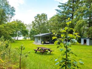 a cabin in a field with a picnic table at Holiday home Skanderborg V in Skanderborg