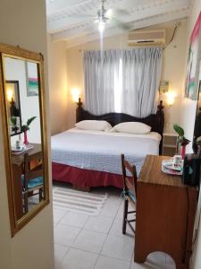 a bedroom with a bed and a mirror and a table at Rio Guesthouses in Christ Church