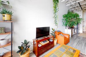 a living room with a tv and some plants at Aspen Crossing in Bozeman