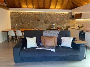 a blue couch with pillows sitting in a kitchen at Quinta da Vinha do Souto in Arouca
