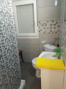 ein Badezimmer mit einem Waschbecken, einem WC und einem Duschvorhang in der Unterkunft APARTAMENTO PIRAGUAS in Les Arriondes