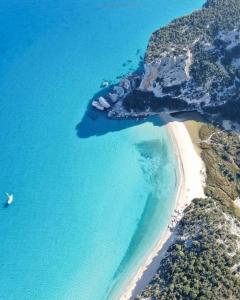 an aerial view of a beach and the ocean at Casa Gaia in Cala Gonone