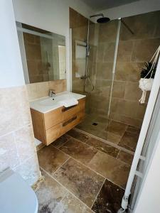 a bathroom with a sink and a shower at Résidence L’Oiseau des Sables in Saintes-Maries-de-la-Mer