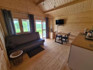 a living room with a couch and a table at Jesionowe Domki in Zełwągi