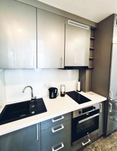 a kitchen with a sink and a counter top at Apartament nad Pisą in Pisz